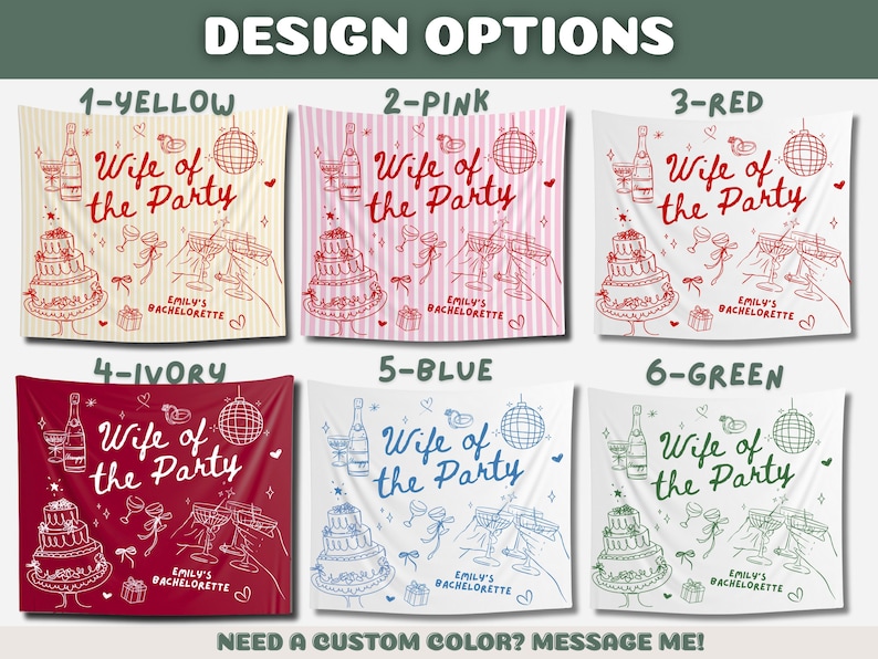 Peut inclure: Graphique pr&eacute;sentant six options de conception pour une banni&egrave;re &laquo;&nbsp;Wife of the Party&nbsp;&raquo;. Chaque banni&egrave;re comprend des illustrations de g&acirc;teau, de champagne et d'une boule disco, avec le texte &laquo;&nbsp;Emily's Bachelorette&nbsp;&raquo;.