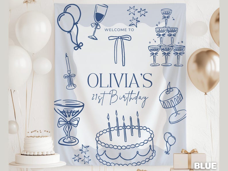 Op de afbeelding: Een lichtblauw en wit verjaardagsbanner met marineblauwe illustraties van ballonnen, champagneglazen en een taart. Op de banner staat "WELCOME TO OLIVIA'S 21st Birthday". Witte en gouden ballonnen zijn op de achtergrond.