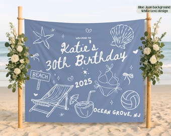Custom 30th Beach Theme Birthday Banner Sign, Thirties Party Wall Hanging Decor 30 Personalized Location Girls Social Club Tapestry Est 1995