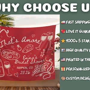 May include: Red tapestry with white illustrations and text. The text reads "That's Amore" and "Emma's Bridal Shower Aspen, CO 2026". The design includes wine glasses, a bottle, pizza, cheese, and a ring.