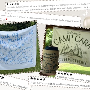 May include: Two custom banners are displayed outdoors. One banner reads "Fresh Off the Market 2025 Monica's Bridal Showers" with blue illustrations. The other banner says "Welcome to Camp Cara 1996 30th Birthday". A can cooler is also visible.