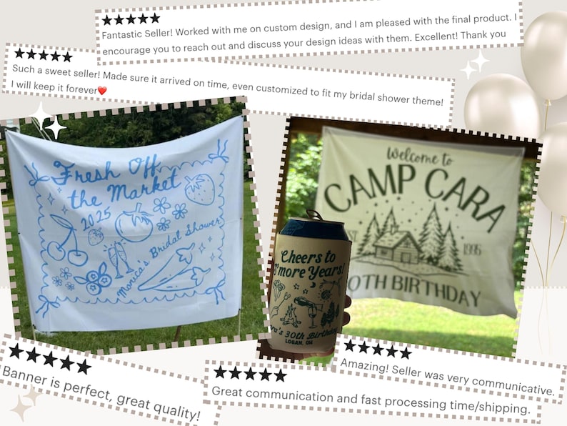 May include: Two custom banners are displayed outdoors. One banner reads "Fresh Off the Market 2025 Monica's Bridal Showers" with blue illustrations. The other banner says "Welcome to Camp Cara 1996 30th Birthday". A can cooler is also visible.