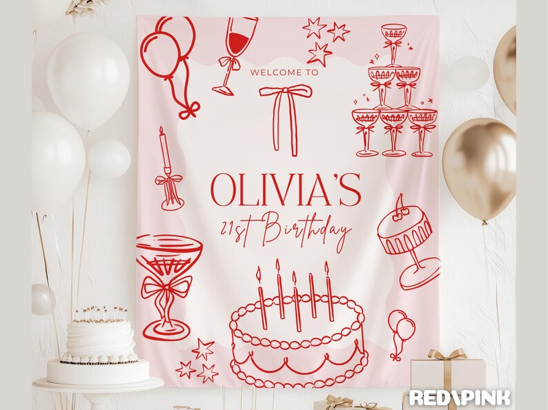 Op de afbeelding: Een roze verjaardagsbanner met rode lijntekeningen van champagneglazen, ballonnen, een taart en de tekst "OLIVIA'S 21st Birthday". Gouden en witte ballonnen staan op de achtergrond.