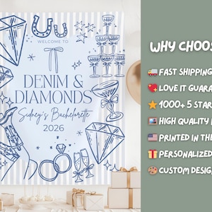 May include: A light blue and white striped sign with the text "DENIM & DIAMONDS" and "Sidney's Bachelorette 2026". The sign features illustrations of diamonds, champagne glasses, and cowboy boots. Party decor.