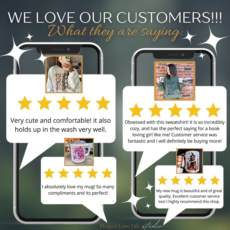 May include: A collage of four customer reviews for a small business. The reviews are for a sweatshirt, a mug with a witch design, a mug with a floral design, and a mug with a book design. Each review includes a five-star rating and a short testimonial.