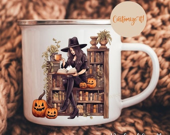 Witchy Halloween Mug Book Lovers Bookshelf Pumpkin Coffee Cup Housewarming Party Goth Kitchen Bookish Spooky Bookworm Sister Fall Birthday