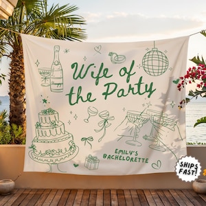 Peut inclure: Une banni&egrave;re blanche avec des illustrations et du texte verts. La banni&egrave;re indique "Wife of the Party" avec des dessins de champagne, de g&acirc;teau et de verres &agrave; champagne. Le texte "Emily's Bachelorette" est &eacute;galement inclus.