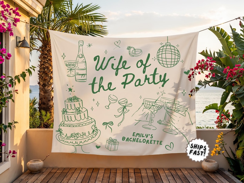 Peut inclure: Une banni&egrave;re blanche avec des illustrations et du texte verts. La banni&egrave;re indique "Wife of the Party" avec des dessins de champagne, de g&acirc;teau et de verres &agrave; champagne. Le texte "Emily's Bachelorette" est &eacute;galement inclus.
