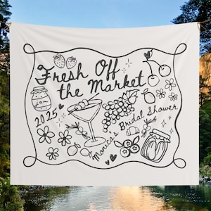Custom Fresh Off the Market Banner Sign, Flowers Bachelorette Party Decor Tapestry, Citrus Bridal Shower Brunch Hanging Backdrop Photobooth