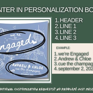May include: A light blue rectangular banner featuring white line art illustrations of a champagne bottle, a tiered cake, and a disco ball. The text reads "we're Engaged", "ANDREW & CHLOE", "cue the champagne", and "SEPTEMBER 2, 2026". Instructions for personalization are included.