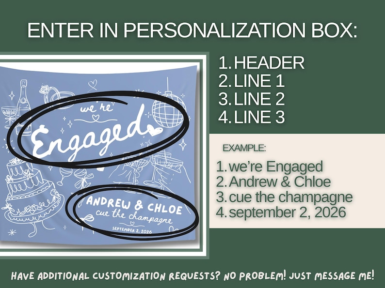 May include: A light blue rectangular banner featuring white line art illustrations of a champagne bottle, a tiered cake, and a disco ball. The text reads "we're Engaged", "ANDREW & CHLOE", "cue the champagne", and "SEPTEMBER 2, 2026". Instructions for personalization are included.