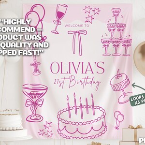 Op de afbeelding: Roze verjaardagsachtergrond met illustraties van champagneglazen, taart en ballonnen. De achtergrond bevat de tekst "Olivia's 21st Birthday", "Welcome to" en "Looks exactly as pictured."