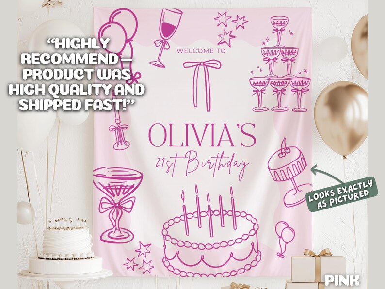 Op de afbeelding: Roze verjaardagsachtergrond met illustraties van champagneglazen, taart en ballonnen. De achtergrond bevat de tekst "Olivia's 21st Birthday", "Welcome to" en "Looks exactly as pictured."