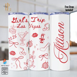 Girls Trip Tumbler Las Vegas Bachelorette Cup with Name, Coquette Bridesmaid Gift Idea Bridal Party Favor, Summer Vacation Matching Tumbler