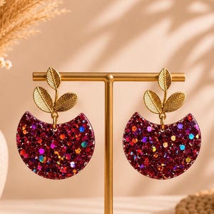 Stainless steel earrings, resin half-moon with red and coral glitter - Handmade gift for women