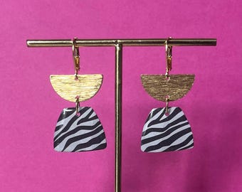 Pendientes con estampado de cebra, acero inoxidable, forma geométrica, papel y resina, idea de regalo para mujer, joyería de diseño.