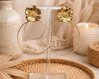 Stainless steel and gold earrings with flowers and rings - handmade gift idea for women - designer jewelry
