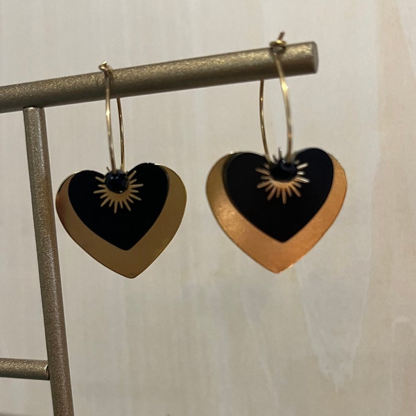 Boucles d’oreilles créole coeur doré et noir