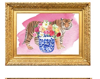 Pair of Tiger and Cheetah With Chinoiserie Vase Digital Printables