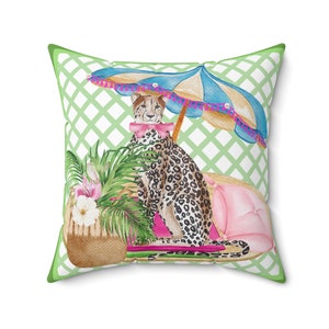 Preppy Cheetah Leopard Under Umbrella Square Pillow, Cheetah Pillow, Preppy  Cheetah Pillow, Leopard Accent Pillow, Jungle Animal Pillow,