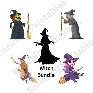 May include: A digital collection titled Witch Bundle featuring five distinct witch illustrations: a green-skinned witch with a broom, an elderly witch with a staff, a black silhouette of a witch holding a rifle, a flying witch with a wand, and a chibi-style witch.