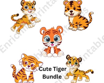 May include: A digital illustration set featuring five cartoon tiger cubs in various poses, including sitting, standing, and pouncing. The tigers have orange fur with black stripes, white bellies, and large expressive eyes. The text Cute Tiger Bundle is centred.