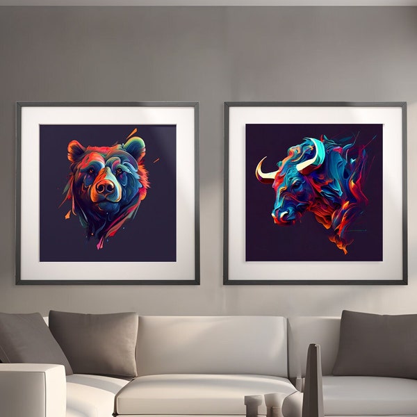 Crypto Bull vs. Bear - Striking Digital Print for Stock Market Analysts and Traders graffiti wall art style