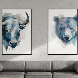 Bull & Bear water color digital prints, stock market art perfect for man cave or bitcoin trader, gifts for him