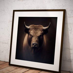 Puede incluir: Una fotografía enmarcada de un toro marrón con grandes cuernos, mirando directamente a la cámara. El toro está en un entorno oscuro, y la foto está enmarcada en un marco marrón oscuro.