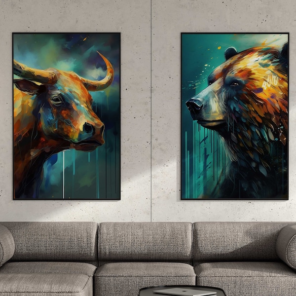 Bull & Bear digital prints, stock market art, finance trader gifts