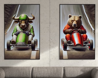 Wall Street pedal car wall art with a Bull vs Bear, Crypto pair includes bonus files, stock market art, large digital print bull and bear