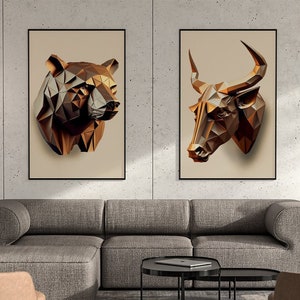 Bull & Bear digital prints, stock market art, finance, bitcoin, btc.  Animals