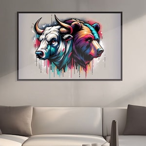 Graffiti wall poster of Wall Street wall art with a Bull vs Bear, stock market art, large digital print bull and bear