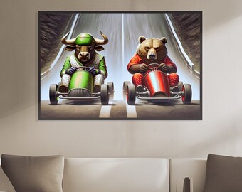 Wall Street pedal car wall art with a Bull vs Bear, Crypto pair includes bonus files, stock market art, large digital print bull and bear