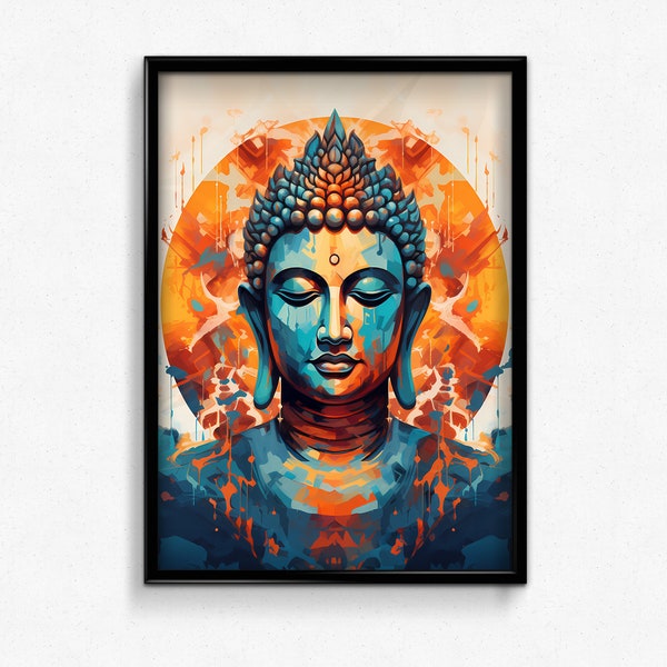 Buddha Wall Art: Teal and Orange Abstract Buddha Head - Digital Download 36x24 large