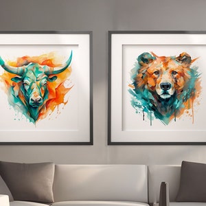 Bull & Bear water color digital prints, stock market art perfect for man cave or bitcoin trader, large 44x44
