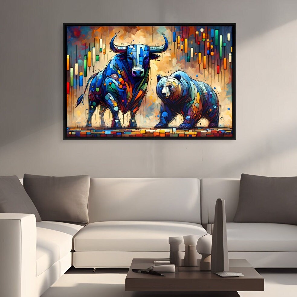 bull & bear digital prints, stock market art, wall... Colorful Wall Street Wall Art With a Bull Vs Bear, Graffiti Wall Art ...