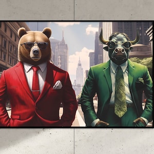 GTA inspired Wall Street wall art with a Bull vs Bear, Crypto pair includes bonus files, stock market art, large digital print bull and bear