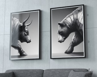 Arte del mercato azionario con tori e orsi, ideale come regalo per trader o decorazione a tema criptovalute.