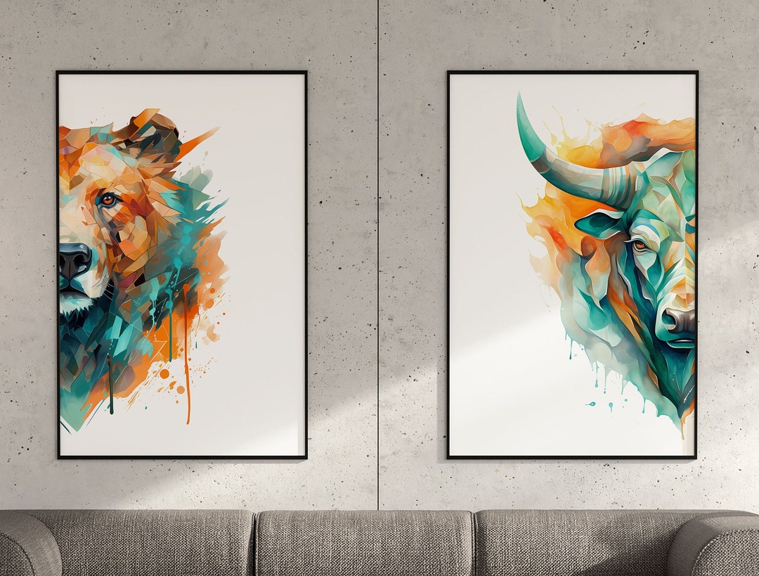 bull & bear digital prints, stock market art, wall... Bull & Bear Water Color Digital Prints, Stock Market Art Perfect for ...