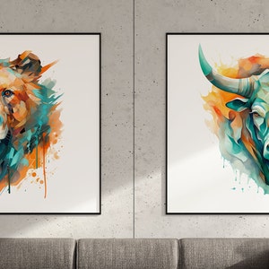 Bull & Bear water color digital prints, stock market art perfect for man cave or bitcoin trader, gifts for him