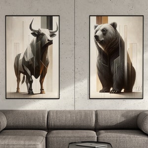 Bull & Bear cream digital prints, stock market art perfect for man cave or bitcoin trader, gifts for him