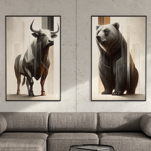 Bull & Bear cremefarbene Digitaldrucke, Börsenkunst, perfekt für Manhöhle oder Bitcoin Trader, Geschenke für ihn