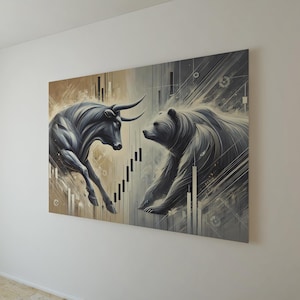 Corporate Wall Street wall art with a Bull vs Bear, stock market art, large digital print bull and bear