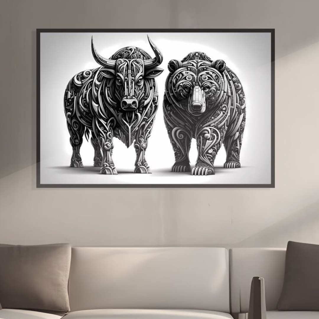 bull & bear digital prints, stock market art, wall... Bull Vs Bear Abstract Bull and Bear Stock Market Art Decor Gift for the ...