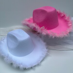 May include: Two cowboy hats with feather trim. One hat is white and the other is pink.