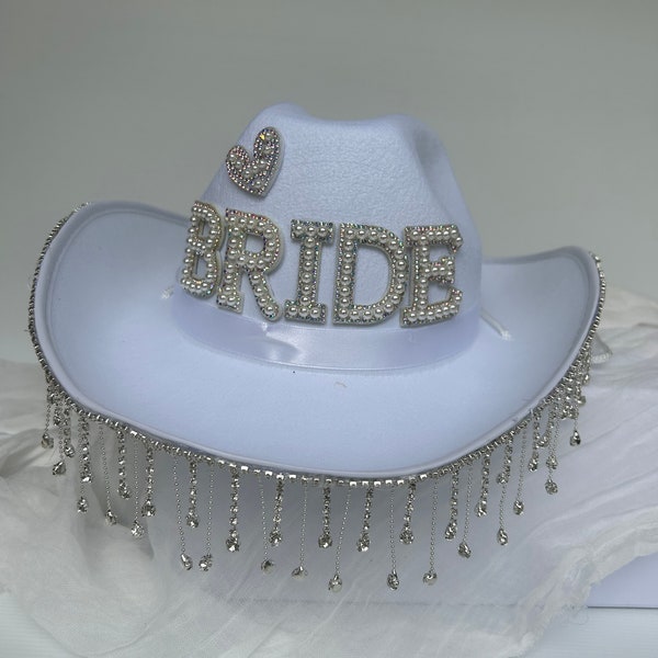 Bride white pink diamond fringe or feather trim cowboy hat, cowboy wedding, bride hat, birthday hat, bachelorette hens party bridesmaid hat