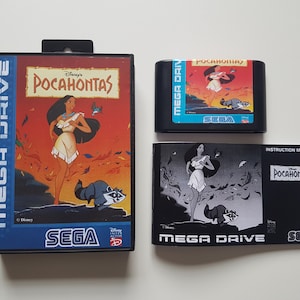 May include: A Sega Mega Drive game cartridge and instruction manual for Disney's Pocahontas. The game features a colourful illustration of Pocahontas on the front of the cartridge and manual.