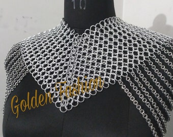 Chainmail collar with small shoulder chain layers metal aluminium chainmail jump rings neck piece cosplay costume festival renaissance faire