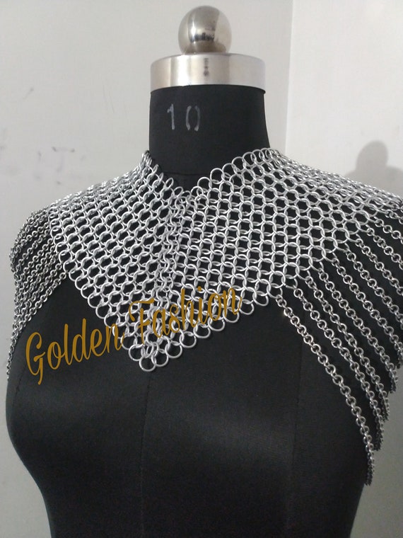 Chainmail Collar With Small Shoulder Chain Layers Metal Aluminium Chainmail  Jump Rings Neck Piece Cosplay Costume Festival Renaissance Faire 